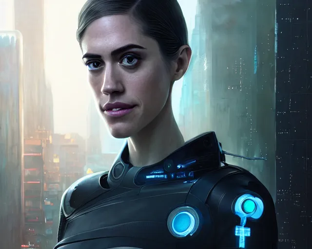 Image similar to highly detailed portrait of allison williams as an android, in detroit : become human, stephen bliss, unreal engine, fantasy art by greg rutkowski, loish, rhads, ferdinand knab, makoto shinkai and lois van baarle, ilya kuvshinov, rossdraws, tom bagshaw, global illumination, radiant light, detailed and intricate environment