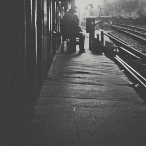 Image similar to turn of the century sepia photo of a man waiting at the train station while holding an ipad