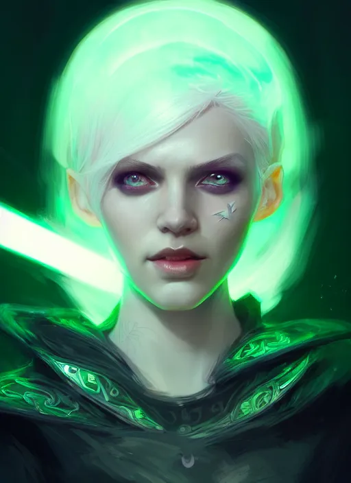 Prompt: a beautiful white - haired girl with green eyes dressed as a superhero, pyromancer, glowing orbs, intricate, elegant, highly detailed, digital painting, artstation, concept art, smooth, sharp focus, illustration, ethereal, misty, by ilya kuvshinov and jeremy mann, 8 k, octane render