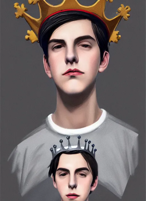 Image similar to portrait of teenage jughead jones wearing a light grey crown, photorealistic, crown, eyes closed, crown, black hair, sweater with letter s on it, letter s, intricate, elegant, glowing lights, highly detailed, digital painting, artstation, concept art, smooth, sharp focus, illustration, art by wlop, mars ravelo and greg rutkowski