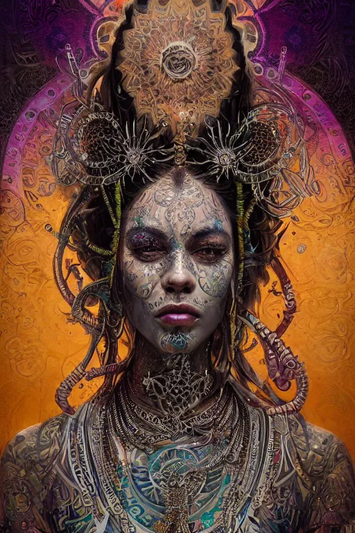 Prompt: a centered render of an mytical festival hippy with tribal tattoos wearing intricate metallic clothing surrounded by a underwater ink pour and flowing liquid gallium and sacred geometry, perfect body and face, gorgeous, cinematic, beautifully lit, by tim okamura, by karol bak, by donato giancola, 3 d, trending on artstation, octane render, 8 k