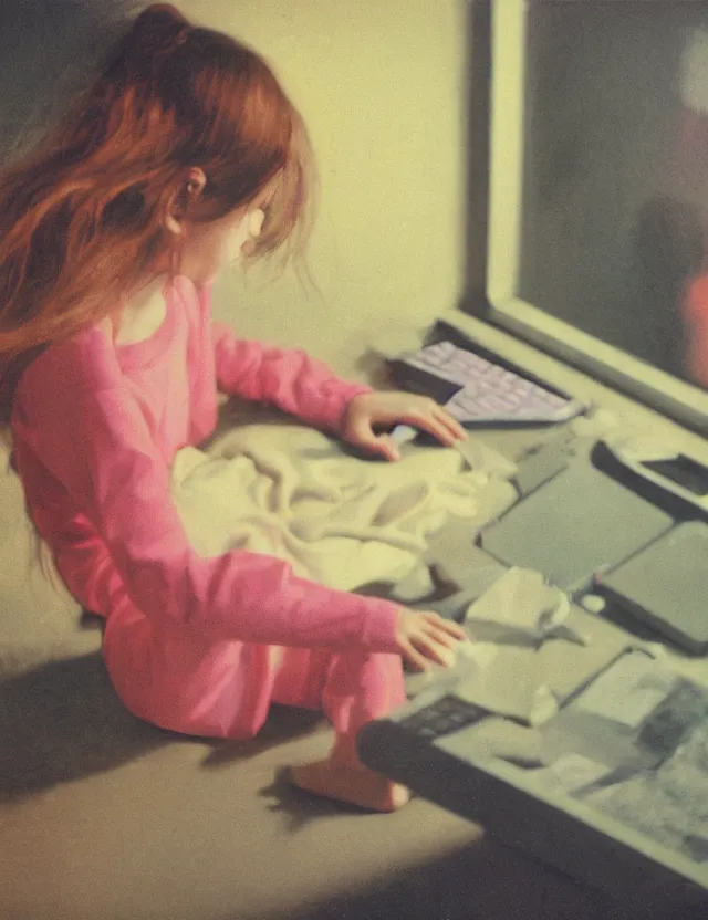 Image similar to girl in pajama playing computer games in dark room, redshift, wide shot, coloured polaroid photograph with flash, pastel, kodak film, hyper real, stunning moody cinematography, anamorphic lenses, by maripol, fallen angels by wong kar - wai, style of suspiria and neon demon and bahnhof zoo, david hockney, detailed, oil on canvas