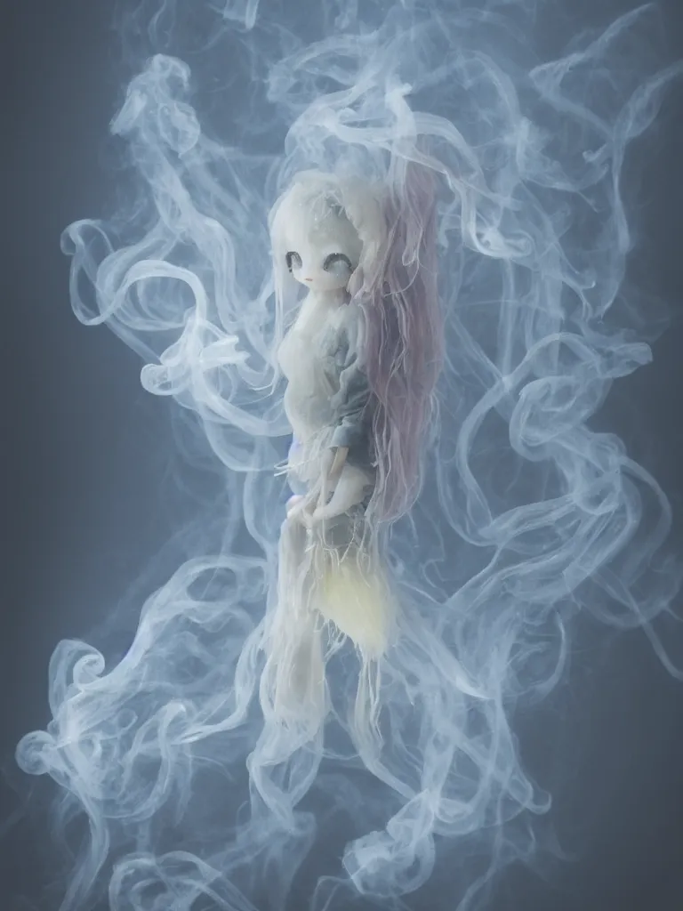 Image similar to cute fumo plush smiling ectoplasmic gothic macabre jellyfish ghost girl, glowing wisps of hazy smoke and volumetric fog, lens flare, vignette, bokeh, refraction, vray