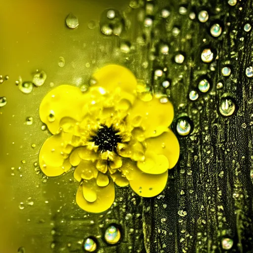 Prompt: A macro photo of a beautiful yellow flower, in the middle is a web camera and USB port, computer ports, biotech, petals fill the image, water droplets glisten, dew, bokeh, luscious green foliage