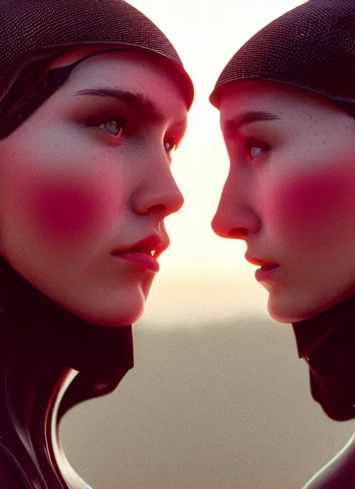 Image similar to cinestill 5 0 d photographic portrait of two loving female androids wearing rugged black mesh techwear on a desolate plain with a red sky, extreme closeup, modern cyberpunk, dust storm, 8 k, hd, high resolution, 3 5 mm, f / 3 2, ultra realistic faces, ex machina, blade runner