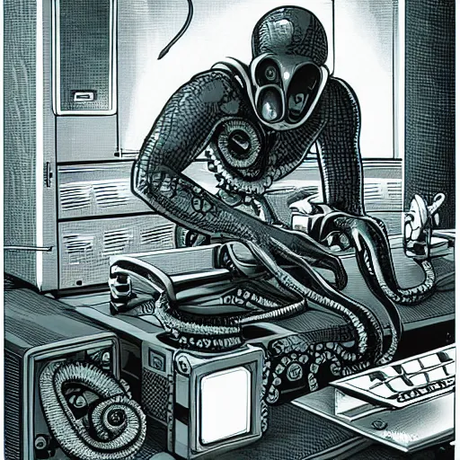 Prompt: Octopus fixing a computer, Industrial Scifi, detailed illustration, Chiaroscuro, character portrait, by Martin Grip and Moebius