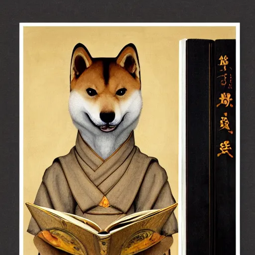 Image similar to lotus pose, anthropomorphic shiba inu, wearing for man ukrainian traditional black vyshyvanka clothes, reading book, portrait art by donato giancola and greg rutkowski, realistic face, digital art, trending on artstation, symmetry