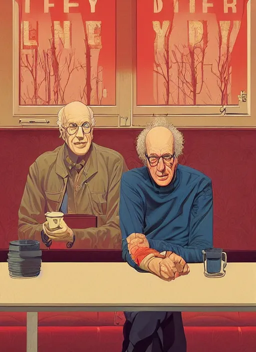 Image similar to poster artwork by Michael Whelan and Tomer Hanuka, Karol Bak of Larry David!!!!!! sitting alone in an empty diner at night, no one around, deserted, from scene from Twin Peaks, clean, simple illustration, nostalgic, domestic, full of details