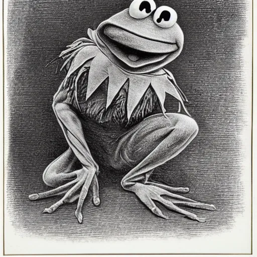 Image similar to Kermit the Frog from Sesame Street by Gustave Dore, full body grayscale drawing