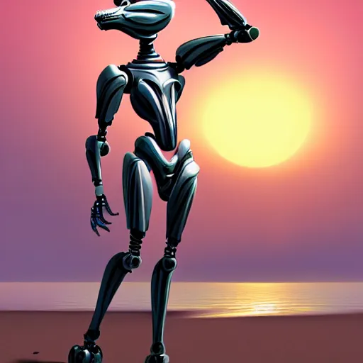 Image similar to full body pose, realistic detailed stunning beautiful anthropomorphic robot female dragoness, doing an elegant pose with hand on hip, looking to the side, sleek streamlined armor and design, sharp claws, sleek head, long tail, standing on two legs, wearing a fabric cloak that blows in the wind from behind, on the beach during sunset, high quality, cinematic art, sunset lighting, artstation, deviantart, furaffinity