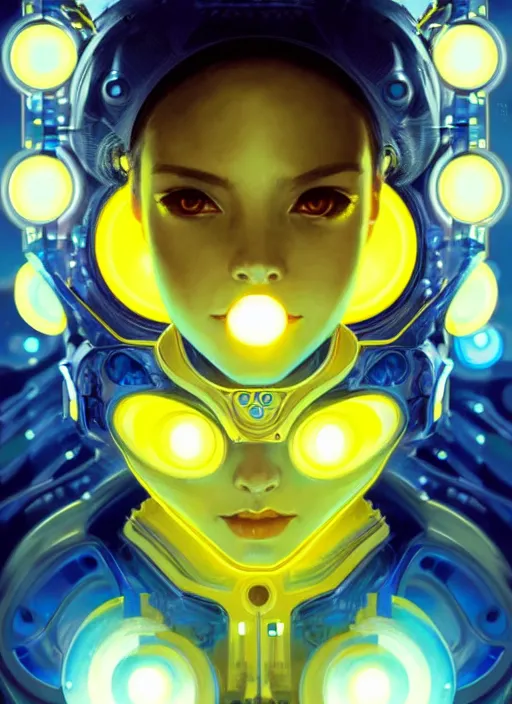 Image similar to symmetry!! portrait of a robot with big eyes, sci - fi, tech wear, blue and yellow glowing lights!! intricate, elegant, highly detailed, digital painting, artstation, concept art, smooth, sharp focus, illustration, art by artgerm and greg rutkowski and alphonse mucha