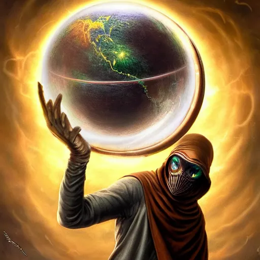 Image similar to masked nomad male wearing a cloak on an alien world and holding a holographic planet projection in his hand, detailed, sci - fi, digital painting, artstation, sharp focus, illustration, ominous, artgerm, tomasz alen kopera, peter mohrbacher, donato giancola, joseph christian leyendecker, wlop, frank frazetta