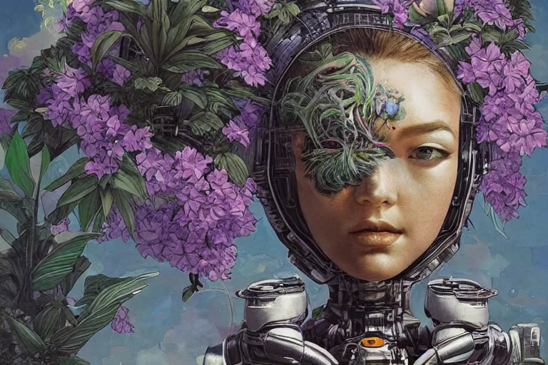 Image similar to gigantic robot - girl head floating in the space, a lot of exotic plants, trees, flowers, oldschool vintage sci - fi flat surreal grainy design, super - detailed, painting by kim jung gi, hd, 4 k, high quality