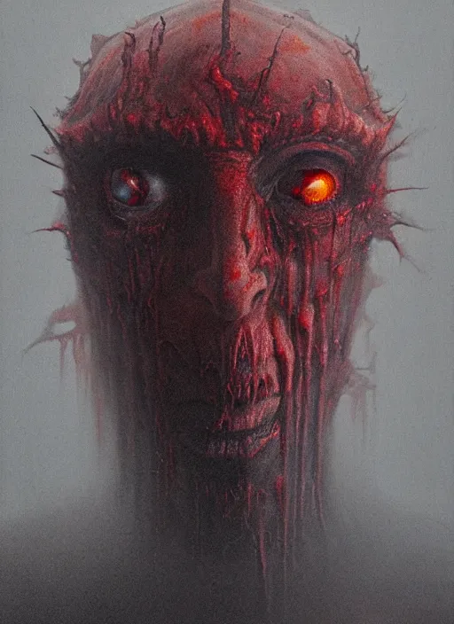 Image similar to lord loss, demon master, king of hell & sorrow, book portrait, pale red, lumpy skin, he has very dark - red eyes with even darker red pupils. tiny cracks in skin seep, symmetric lights and fog, in the style of zdzislaw beksinski, glowing light and shadow, hyperrealist, 8 k