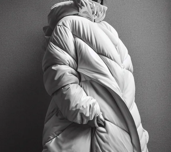 Image similar to well lit fashion shoot portrait of extremely beautiful female marble statue wearing huge over size puffer jacket by dingyun zhang, yeezy, balenciaga, vetements, a cold wall, sharp focus, clear, detailed,, cinematic, detailed, off white, glamourous, symmetrical, vogue, editorial, fashion, magazine shoot, glossy