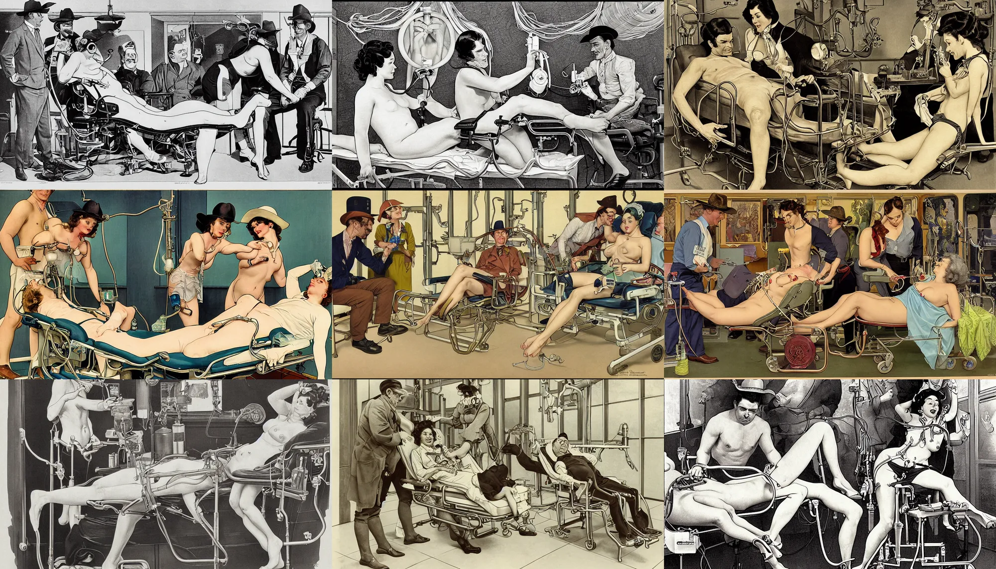 Prompt: gentleman sat in medical chair on a bull run inducing stimulant intravenous drip system being examined by snakelike cowboy physician doctor and betty page pinup nurse using locomotive syringes to extract build up of bearish bile from the patients hyper inflated top buyers neck, digital painting by Greg Rutowski and Basil Wolverton and Otto Dix and Alphonse Mucha on 35mm film, 8k 1080p