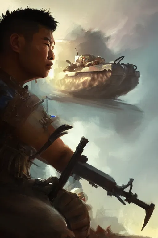 Image similar to side profile of a filipino man sitting on a tank wielding a scepter, highly detailed, d & d, fantasy digital painting, trending on artstation, concept art, sharp focus, illustration, volumetric light, intricate, art by artgerm and greg rutkowski