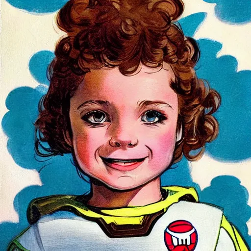 Image similar to a cute little girl with a mischievous face and short brown wavy curly hair. she is dressed as an astronaut. well composed, clean elegant painting, beautiful detailed face. comic book art by steve ditko and jack kirby and ( greg rutkowski )
