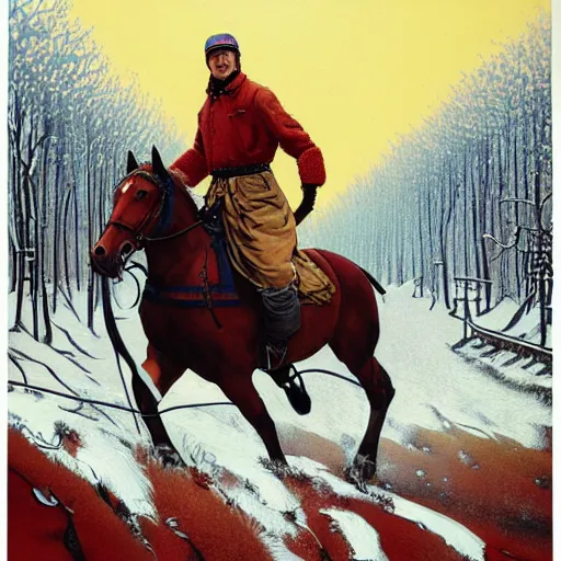 Image similar to a painting of a person on a horse in the snow, poster art by otomo katsuhiro, cgsociety, nuclear art, reimagined by industrial light and magic, official art, poster art