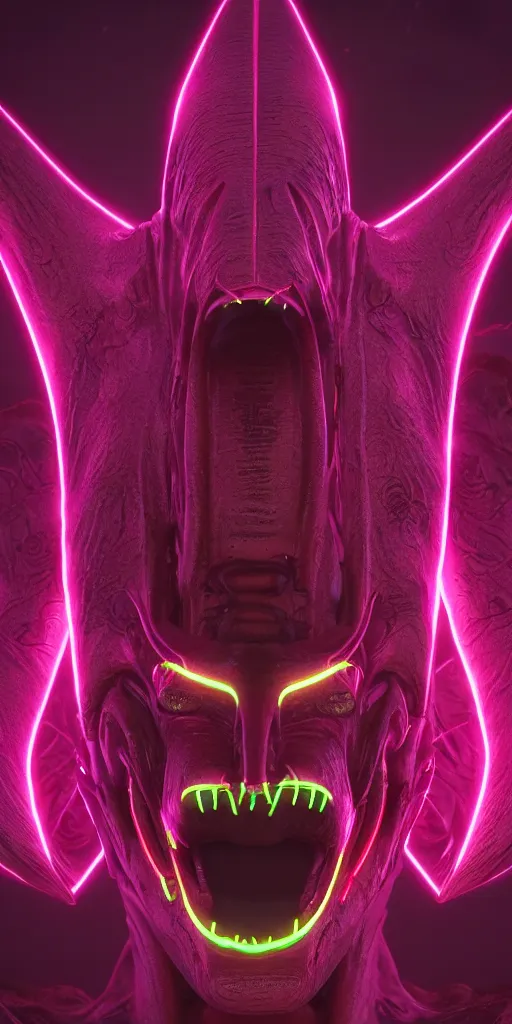 Image similar to synthwave demonic alien face with neon horns, detailed face, sharp focus, synthwave art, aesthetic, octane render, raw, cinematic