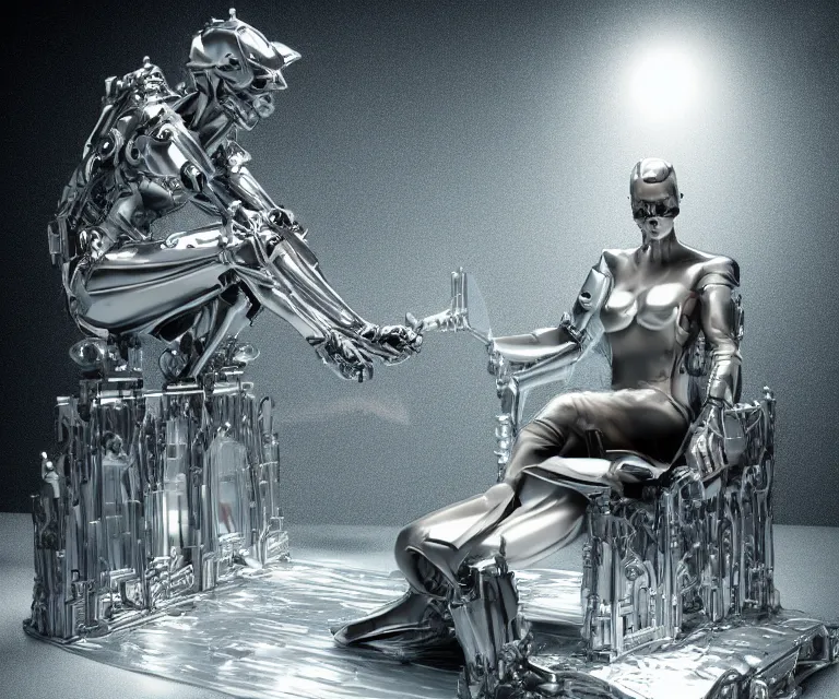 Image similar to translucent cyborg sitting on an aluminum throne, futuristic castle background, fantasy sci - fi, sharp lines, metallic, 2 0 0 mm focus