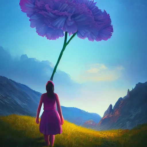 Image similar to giant carnation flower as a head, girl hiking in the mountains, surreal photography, sunrise, dramatic light, impressionist painting, colorful clouds, digital painting, artstation, simon stalenhag