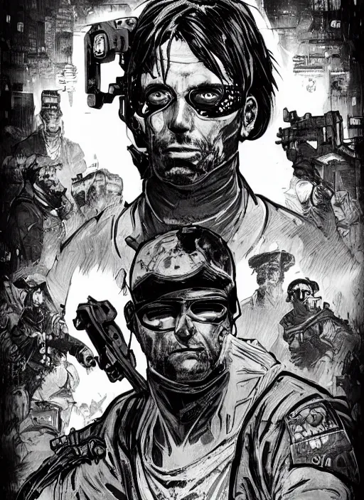 Image similar to cyberpunk mob enforcer. portrait by ashley wood and alphonse mucha and laurie greasley and josan gonzalez and james gurney. splinter cell, apex legends, rb 6 s, hl 2, d & d, cyberpunk 2 0 7 7. realistic face. character clothing. vivid color. dystopian setting.