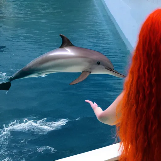 Image similar to a hyper realistic image of a very beautiful red haired girl standing near a window, she is facing the camera, a dolphin is swimming in the sky