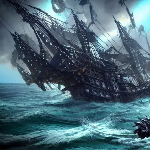 Prompt: kraken destroying a large galleon, ocean, photo realistic