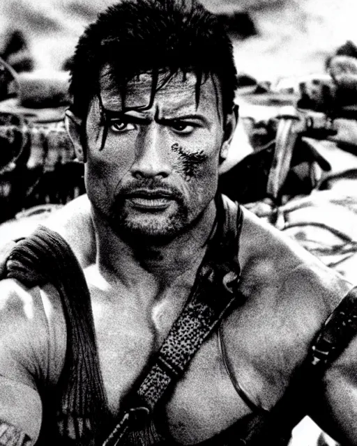 Image similar to film still close up shot of dwayne johnson as max rockatansky in the movie mad max 2 the road warrior. photographic, photography