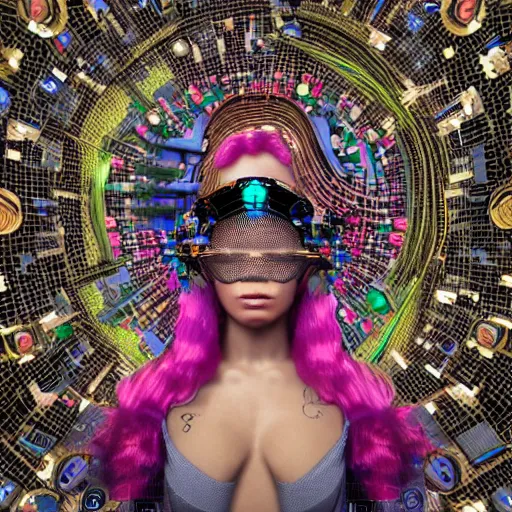 Image similar to deeper into the metaverse we go, piles of modular synth cables, kawaii puerto rican goddess swimming up wearing a headpiece made of circuit boards, by cameron gray, wlop, stanley kubrick, masamune, hideki anno, jamie hewlett, unique perspective, trending on artstation, 3 d render, vivid