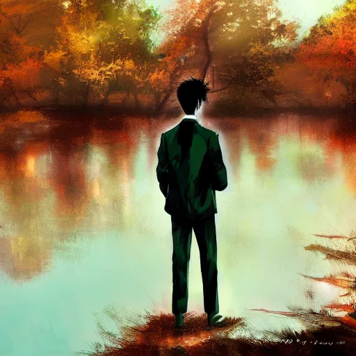 Prompt: yoji shinkawa, stoic young man with red tipped hair that is otherwise green wearing a cream colored suit shedding a single tear standing before a lake in an autumnal forest, digital art, oil painting inspiration, artstation