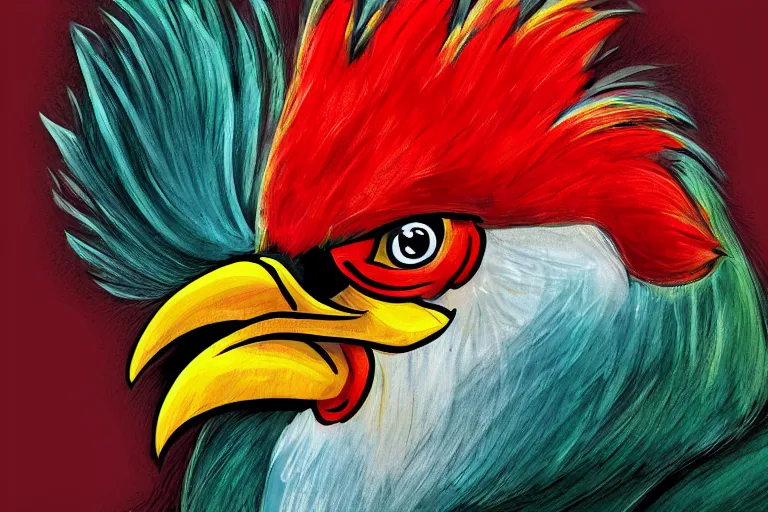 Prompt: illustration of an angry rooster, by willian santiago, sharp focus, lively colors, portrait