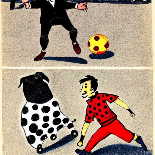 Image similar to book illustration of a french boy on the streets of paris playing football against a corgi, the dog is wearing a polka dot scarf, 1 9 6 6