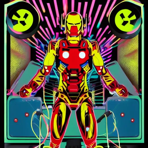 Prompt: artgerm, psychedelic laughing cybertronic ironman, rocking out, headphones dj rave, digital artwork, r. crumb, svg vector