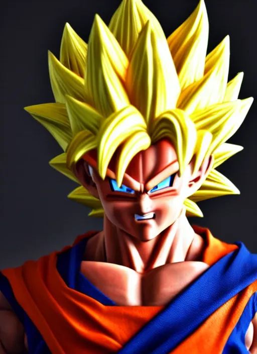 Image similar to a full portrait photo of super saiyan son goku, f / 2 2, 3 5 mm, 2 7 0 0 k, lighting, perfect faces, award winning photography.