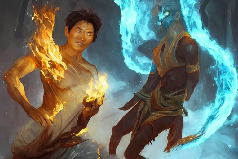 Image similar to a human male asian rogue with energy crackling from his hands, with two ethereal!!! forms next to him, one made of fire, thee other made of ice, fighting monsters, d & d, detailed, digital painting, artstation, concept art, sharp focus, illustration, cinematic lighting, art by artgerm and greg rutkowski and alphonse mucha