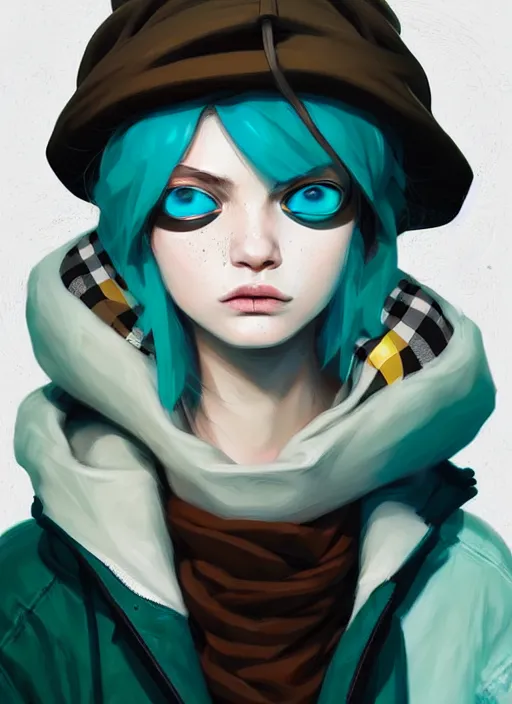 Image similar to highly detailed portrait of a sewer punk lady student, blue eyes, burberry hoody, hat, white hair by atey ghailan, by greg tocchini, gradient green, black, brown, cream and blue color scheme, grunge aesthetic!!! ( ( graffiti tag wall, plain white background ) )