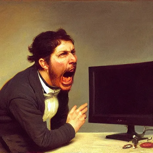 Image similar to an angry man yells at his computer monitor, oil on canvas, 1 8 8 3, highly detailed