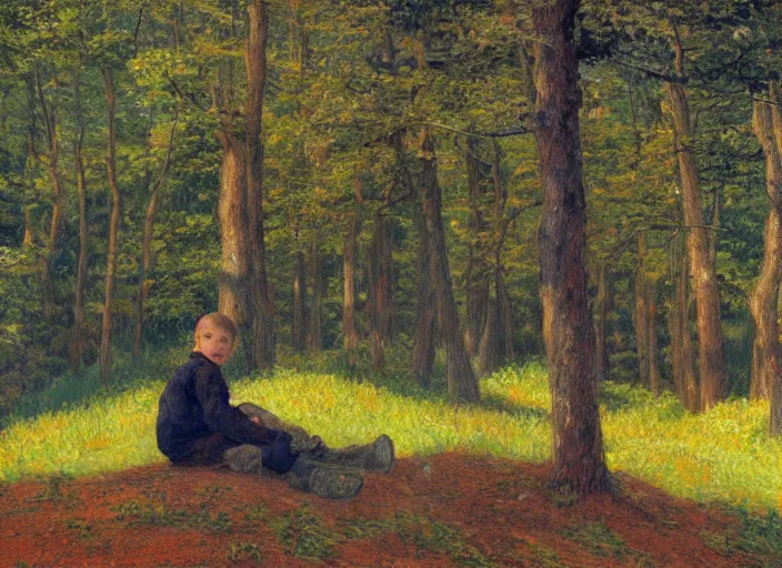 Prompt: impressionistic painting of a boy sitting on a hill in the woods, painted by johfra bosschart, featured on artstation, plein air, artstation hd, painterly