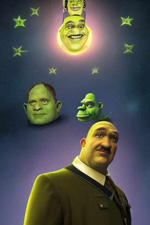 Image similar to portrait of Hitler dressing up as Shrek, rule of thirds, captivating glowing lights, Star Trek setting, on interstellar space, photo realistic by Yaşar VURDEM , artstation, unreal engine, character concept art by Moebius, high quality printing