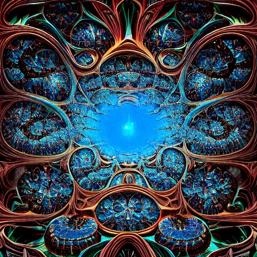 Image similar to a beautiful 3 d painting of a sprawling intricate fractal populated by mandelbrot fractals by android jones, volumetric lighting, dynamic lighting, dramatic lighting, high contrast, concept art, carved marble, opalescent, sacred geometry, religious, magic realism, catholicpunk, stark, trending on artstation