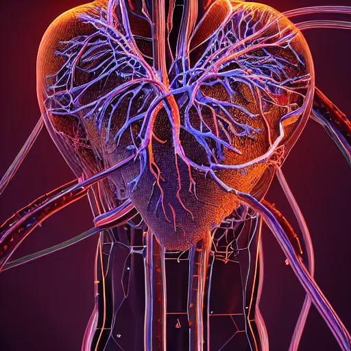 Prompt: a human heart, revealing wires and electronics, arteries, veins, sci - fi, missing panels, intricate abstract upper body intricate artwork, concept art, octane render, deviantart, cinematic, key art, hyperrealism, iridescent accents, portrait photograph, nikon 3 5 mm, photograph by greg rutkowski