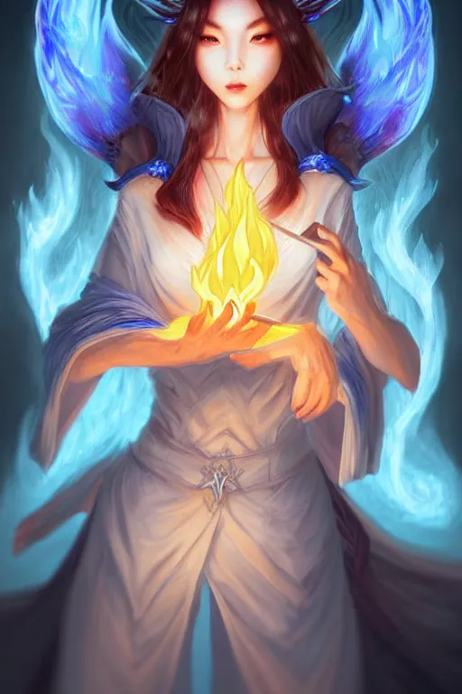 Prompt: gorgeous!!! hyper - realstic kitsune sorceress, holding a tattered magical book, casting a flame spell, blue flames | drawn by wlop, drawn by jeehyung lee, drawn by artgerm | fantasy, dark, intricate, highly detailed, digital painting, character design, concept art, illustration, artstation