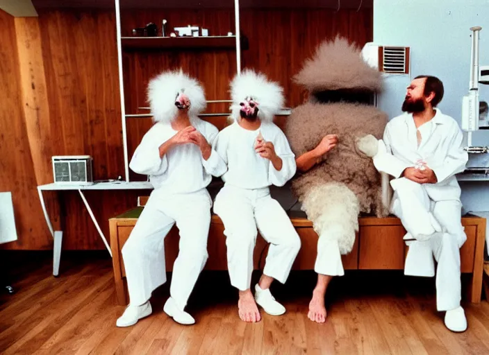 Prompt: realistic photo of a three birdmen wearing white shorts, watching at a levitating fluffy furry cloud, in a living room sci - fi laboratory with many wooden gadgets made of wood interior is made of wood 1 9 9 0, life magazine reportage photo, natural colors