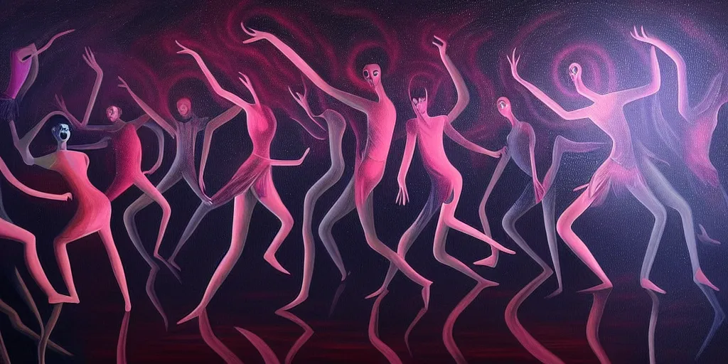 Image similar to personified emotion and thought creatures dance at the disco, dramatic lighting, attempting to escape to the surface and start a revolution, in a dark surreal painting by ronny khalil