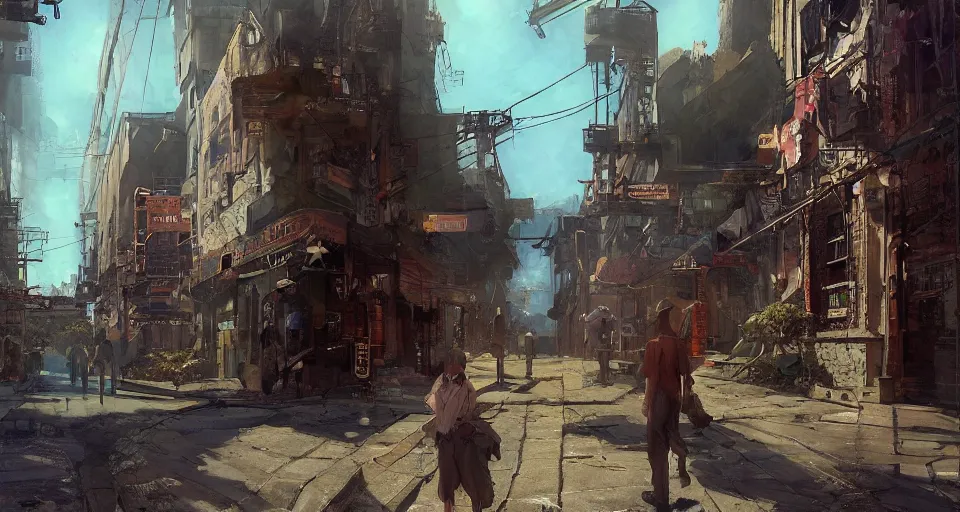 Image similar to craig mullins and ghibli digital art of american city, street, 1 9 2 0, sunset alley, the half - human, half - cat monster watches you, its body hidden in the shadow unreal engine, hyper realism, realistic shading, cinematic composition, realistic render, octane render, detailed textures, photorealistic, wide shot