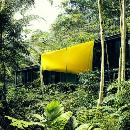 Prompt: “exterior shot of a crystalline glass house with translucent yellow mesh tarps in a dense jungle, woman staring outside”