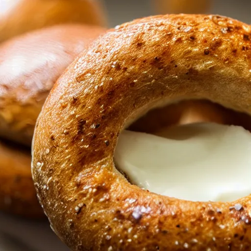 Prompt: an extreme close up of a new york city bagel with cream cheese, mouth watering, 80mm macro lens