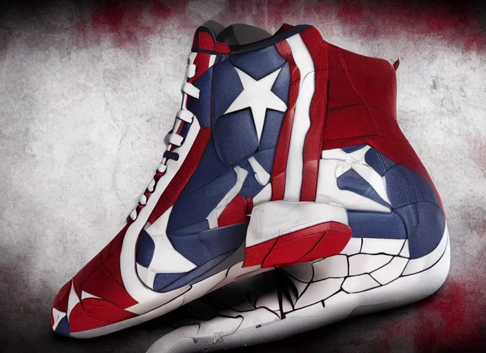 Image similar to basketball sneakers concept of captain america, picture by tim burton, render, cinema 4 d, octane render